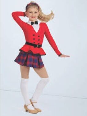 Weissman Red Long-Sleeve Peplum Dance Costume with Plaid Skirt